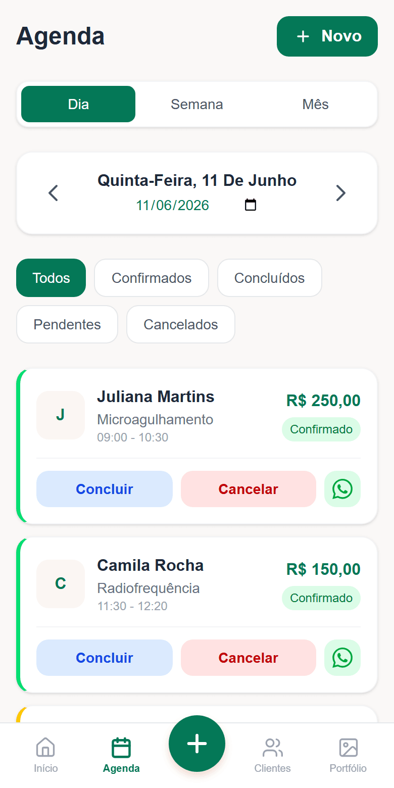 Agenda do dia no Estética Express: horários, serviços e valores de cada atendimento