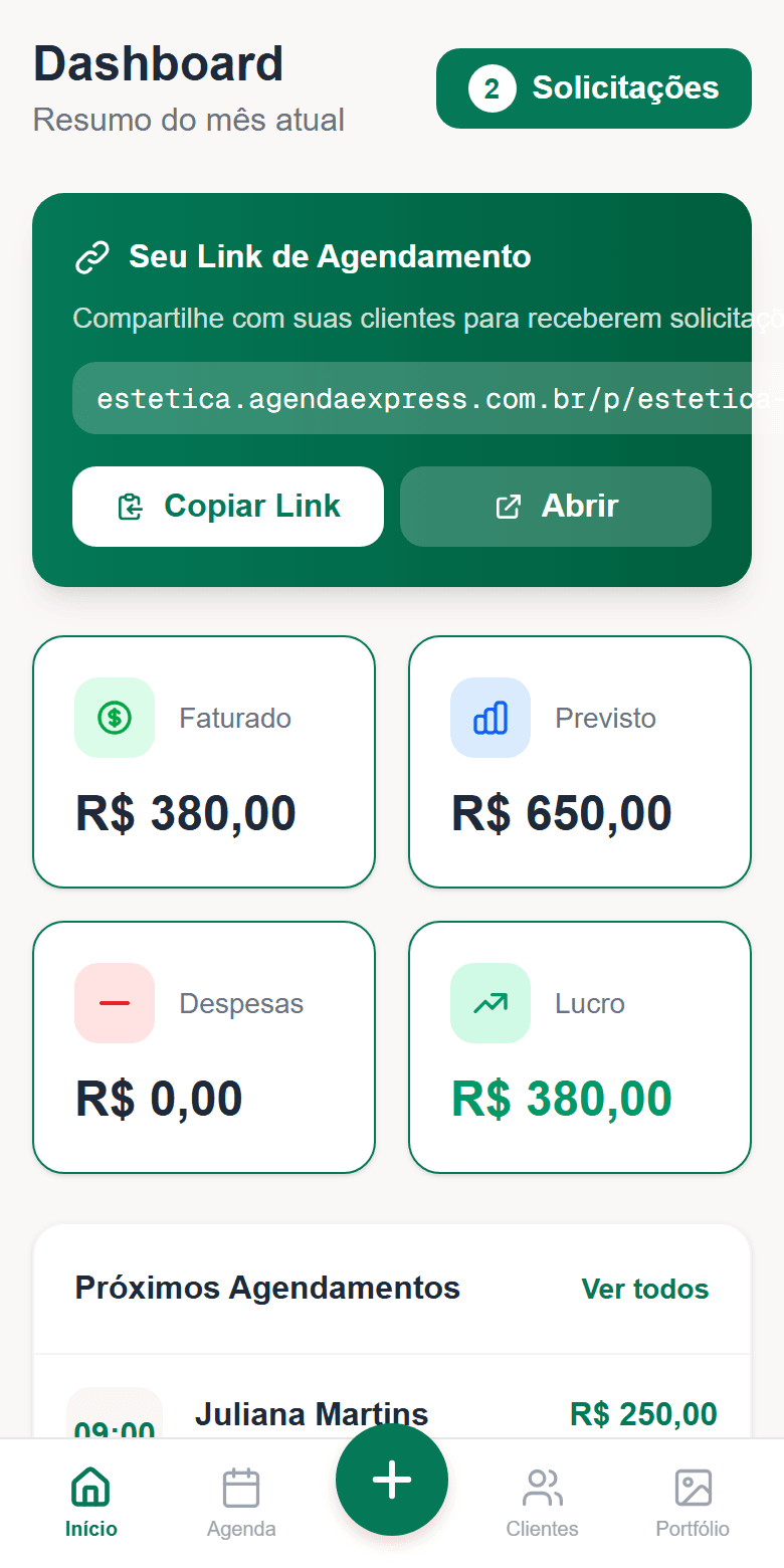 Painel do Estética Express: faturado e previsto do mês, link de agendamento
