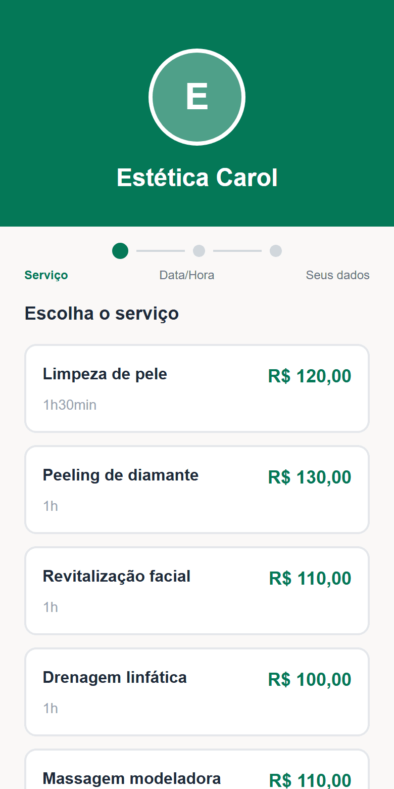 Página de agendamento real do Estética Express: a cliente escolhe serviço, data e horário