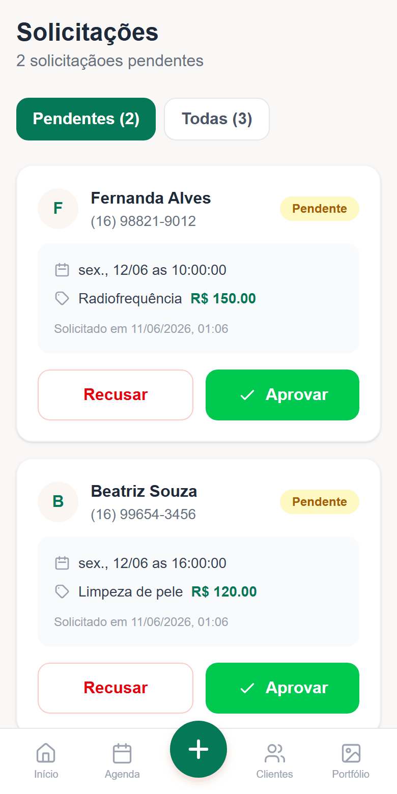 Tela de solicitações do Estética Express: pedido de horário com botão Aprovar